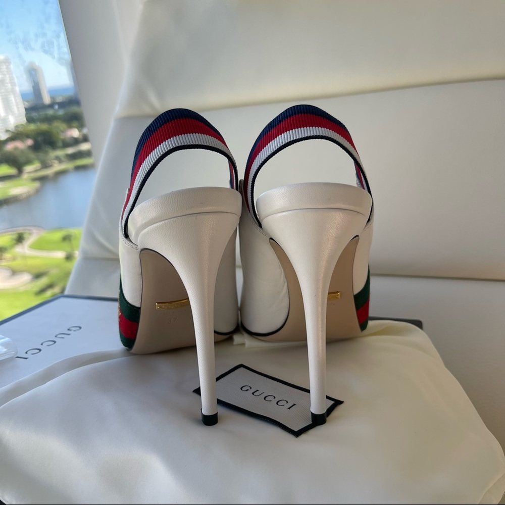 NIB Gucci White Leather Bee Embroidered Slingback Web Pumps 37EU/7US - Picture 5 of 10